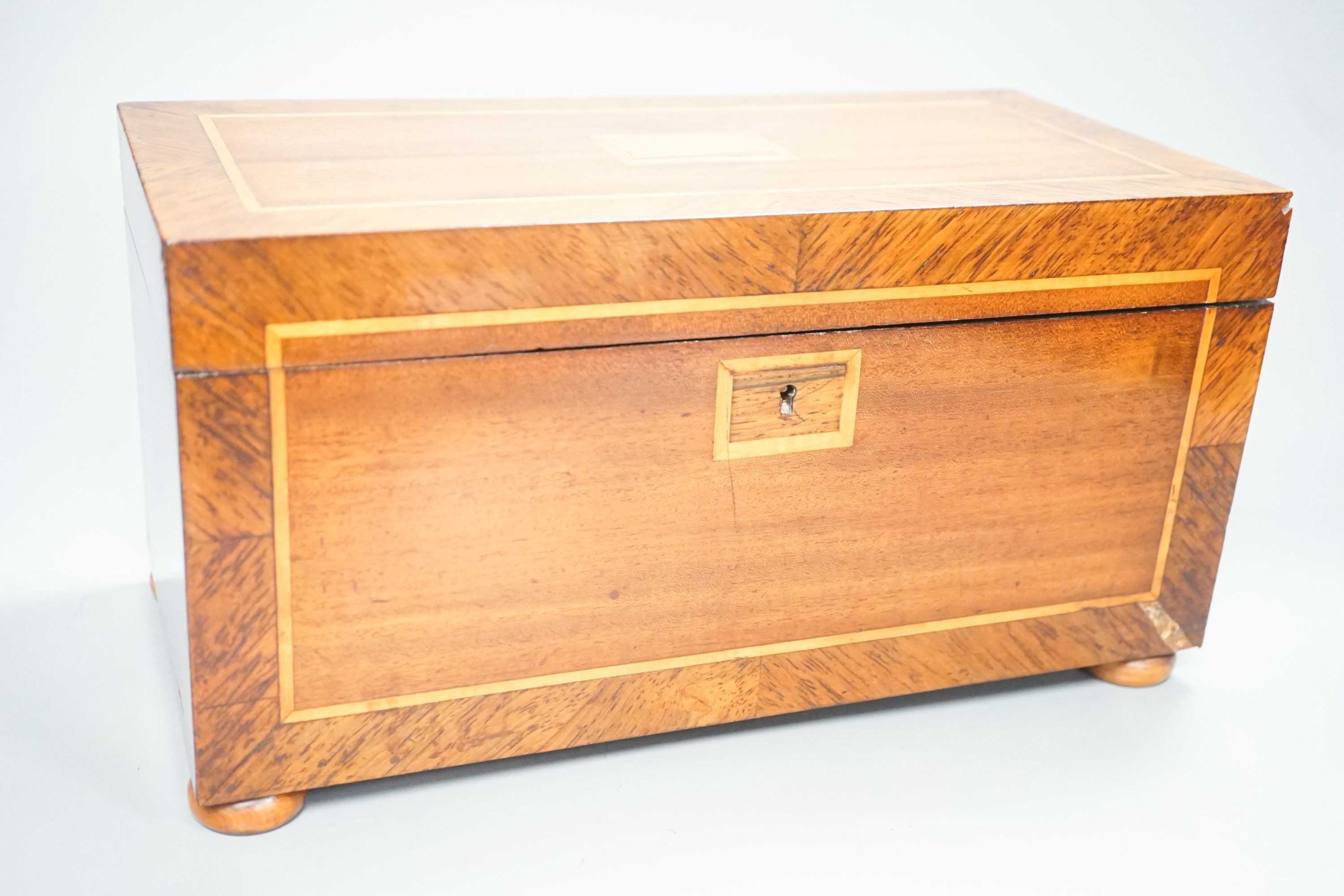 An aneroid barometer in circular polished oak surround and a banded and inlaid two section tea casket, 30.5 x 16.5cm